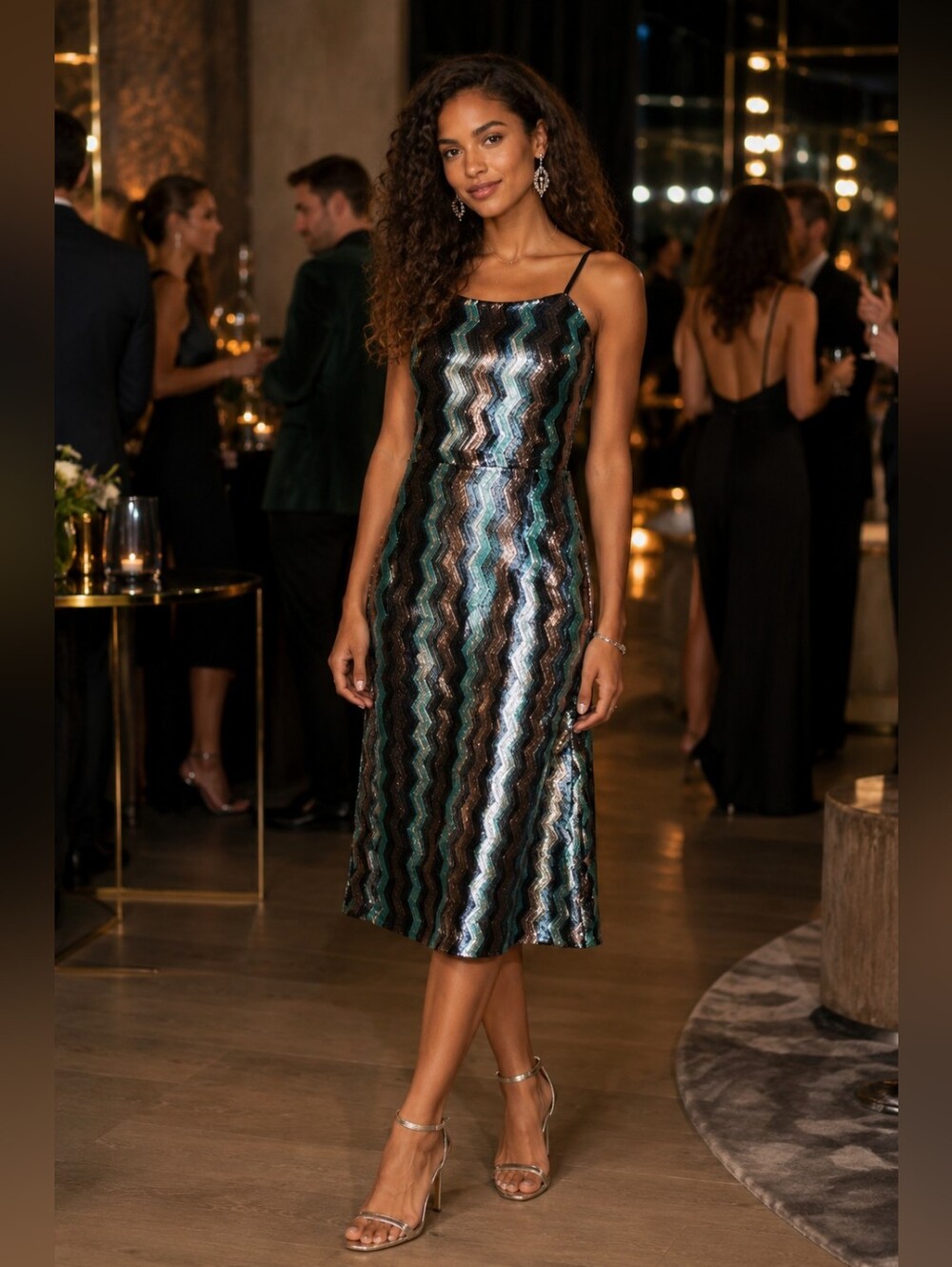 NWT Walter Baker Isadora Sleeveless Sequin Chevron A-line Midi Dress Women's 6